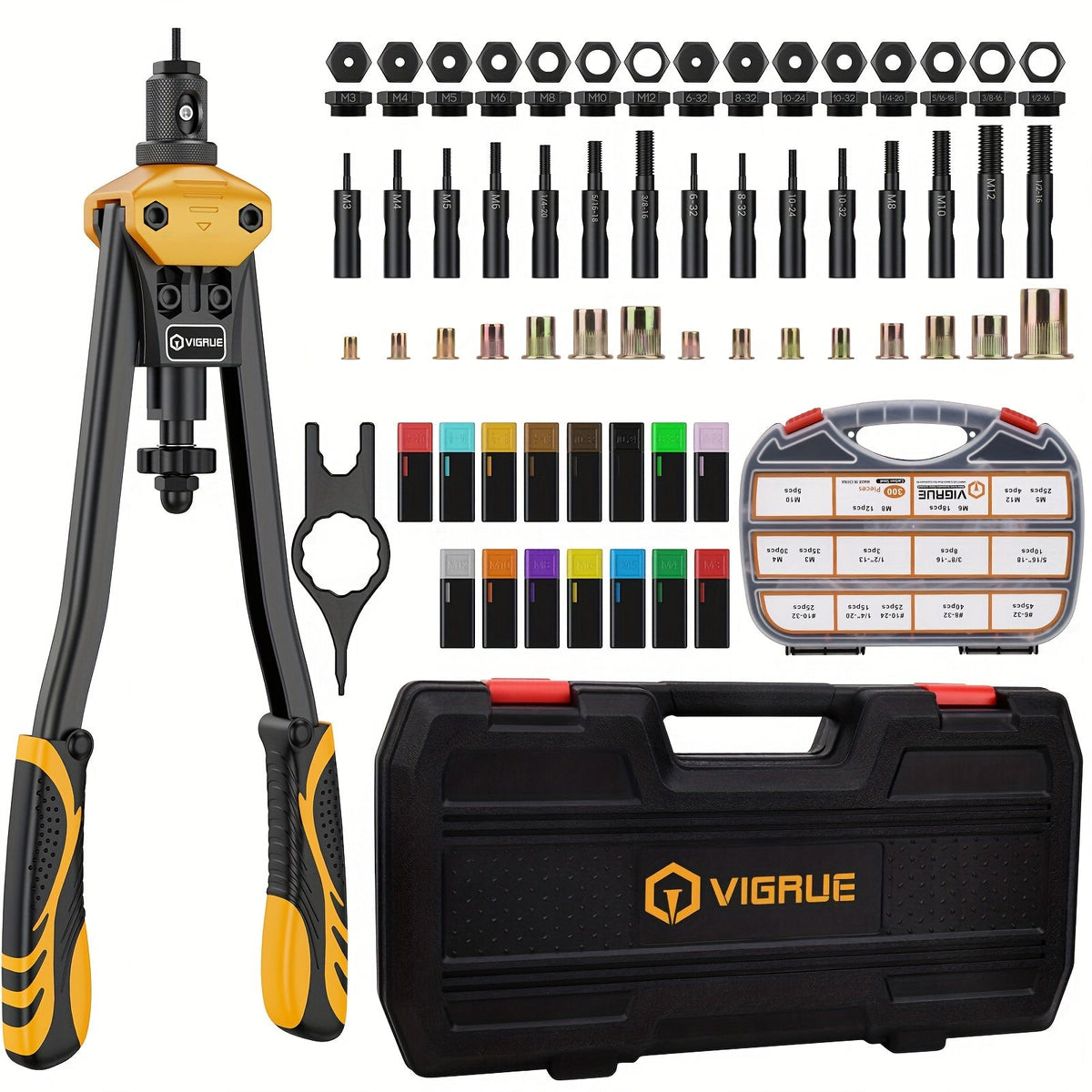 Rivet Nut Tool Kit 16-Inch – 15 Metric & SAE Mandrels M3-M12, 6-32 to 1/2-13, with 300 Rivet Nuts Included