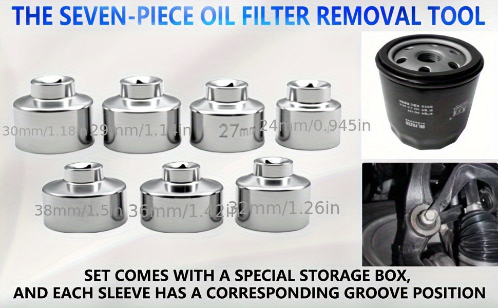 Oil Filter Socket Wrench Set 7-Piece – 24mm to 38mm CR-V Steel, 3/8" Drive Hex Cap Wrench Kit for Oil Changes, Universal Fit