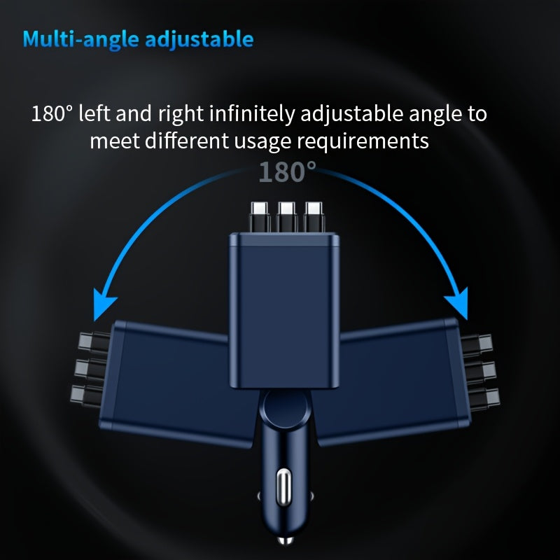Car Charger with Retractable Cables 7-in-1, Fast Charging Multi-Port Adapter with 3 Retractable Cables & LED Digital Display, 180° Adjustable Multi-Device Charger for iPhone Android Type-C