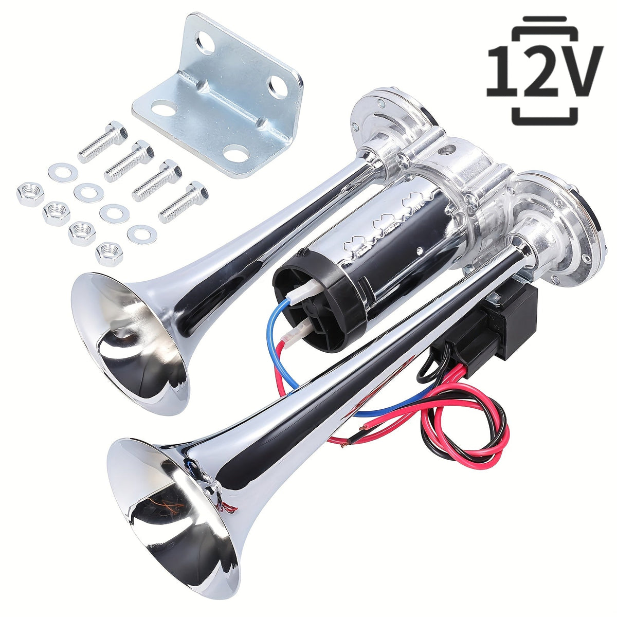 Air Horn for Truck 130dB Double Tube, 12V/24V Aluminum Alloy Compressor Horn, Super Loud for SUV Motorcycle Boat Bus Train Off-Road, Universal Bracket, Easy Install