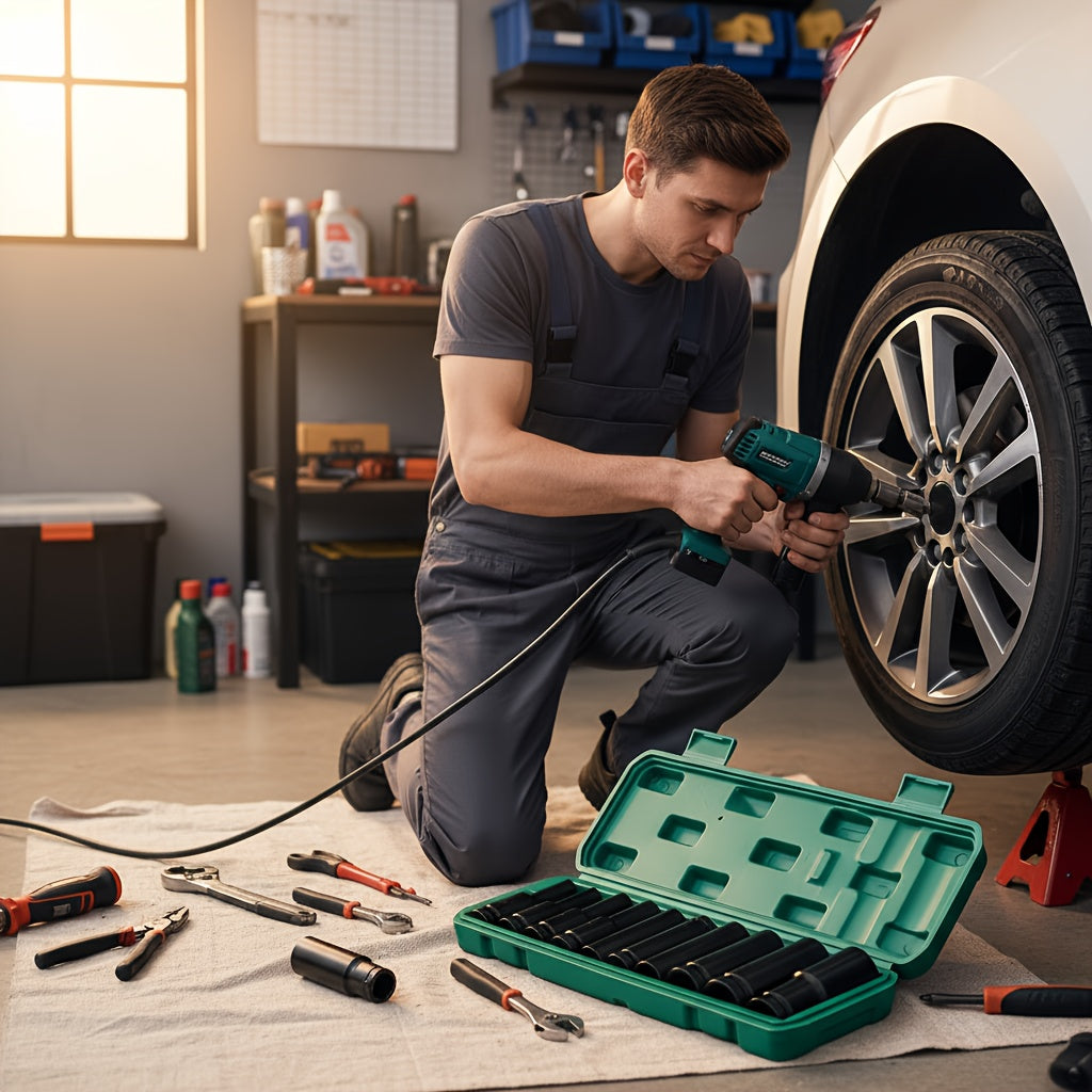 1/2 Inch Drive Deep Impact Socket Set – Chrome-Molybdenum Steel, Works with Electric & Pneumatic Drills, Tire Removal & Auto Repair, Storage Case Included (Black / Upgrade Green)