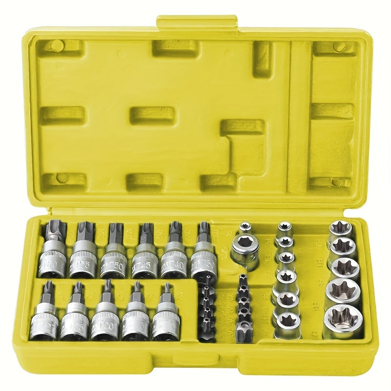 Torx Socket Set 34-Piece – Torx Bit Sockets & E-Torx Sockets for 1/4", 3/8" & 1/2" Drive, Male & Female Security Bits, Universal Fit