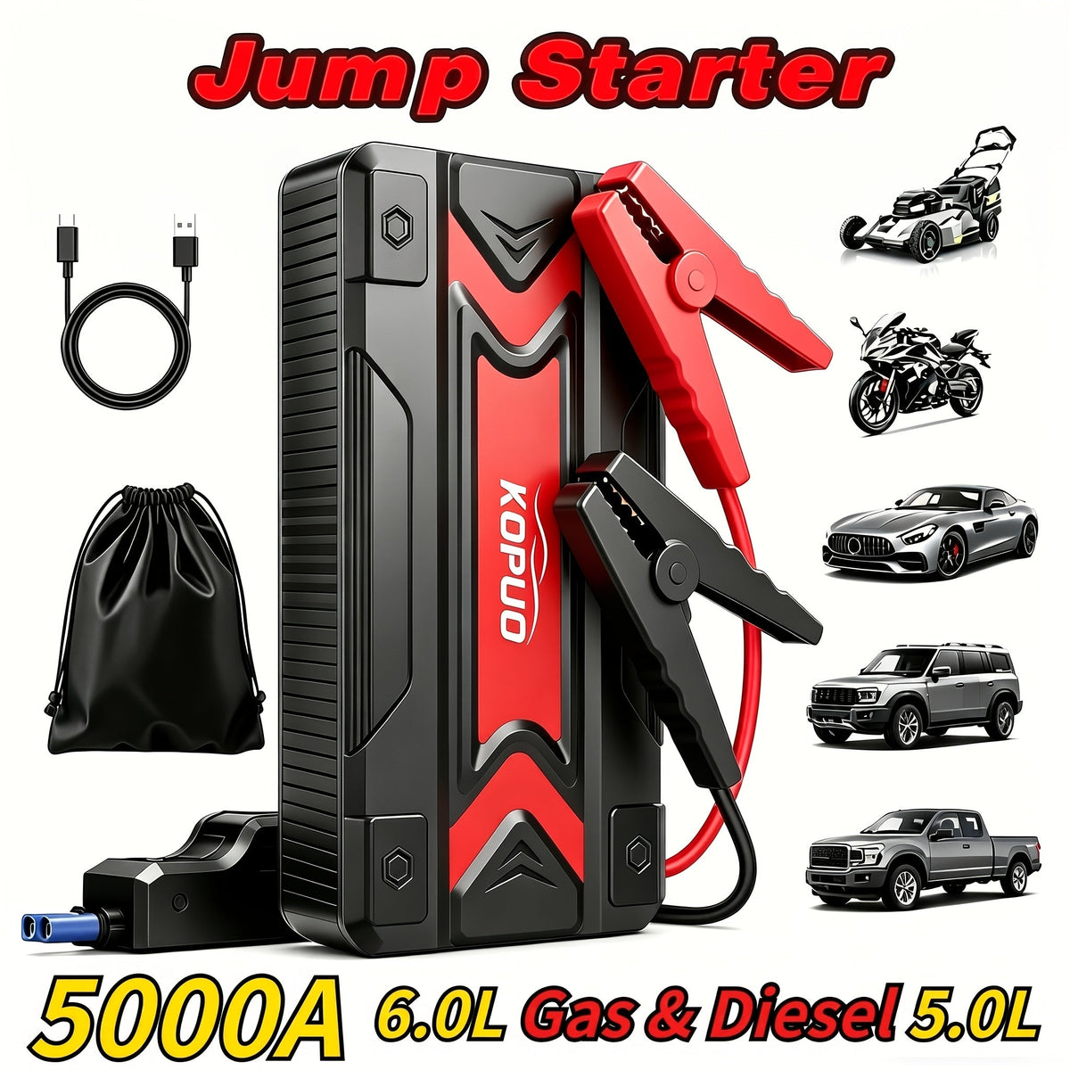Portable Car Jump Starter 6000-20000A Peak – 7-in-1 with 150PSI Air Compressor, Power Bank, LED Light & Smart Clamp, 12V Battery Booster