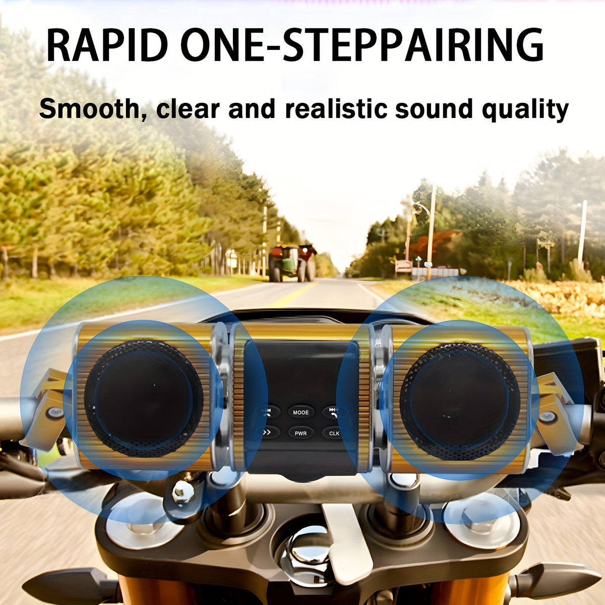 KORBROS Motorcycle Bluetooth Soundbar – IPX5 Waterproof, Built-in Amplifier, FM Radio, USB & AUX, 12V MP3 Player for Handlebar Mount