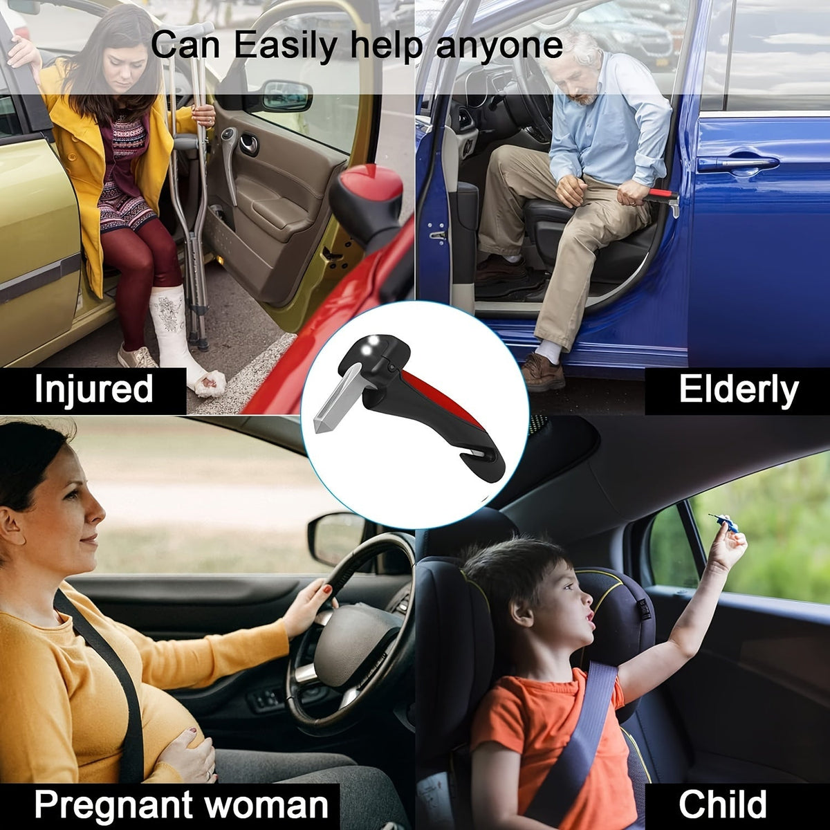 Car Door Assist Handle for Elderly & Disabled 3-in-1 Portable Grab Bar with LED Light Seat Belt Cutter Window Breaker Aluminum Alloy