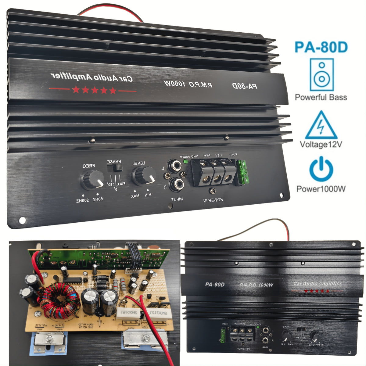 Car Subwoofer Amplifier Board 1000W Peak 600W RMS – PA-80D | 12V Mono Bass Amp for 8" 10" 12" Speakers | 0.01% THD