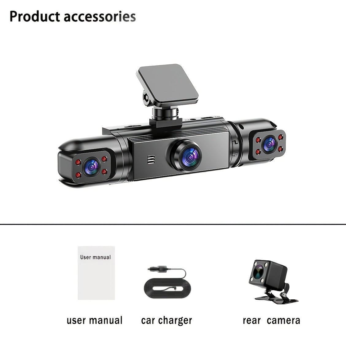 Dash Cam 360° Panoramic 3/4 Lens – 1080P HD Front + 720P Rear Left Right, Quad-Split Screen, Night Vision, G-Sensor, Loop Recording, WDR Car Camera