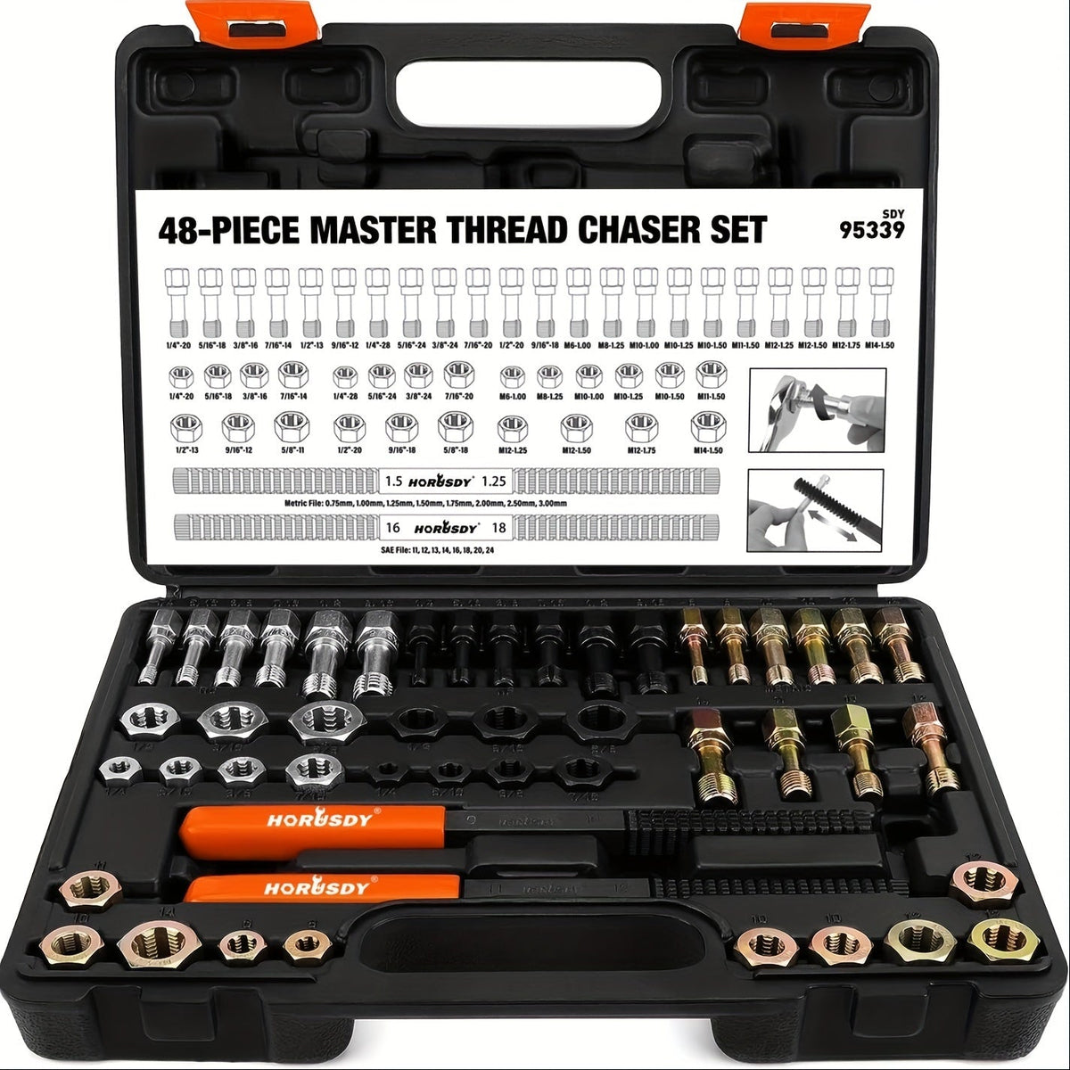 48-Piece Thread Chaser & Rethreading Repair Kit – SAE (UNF/UNC) & Metric Taps, Dies & Files, Color-Coded, with Protective Case