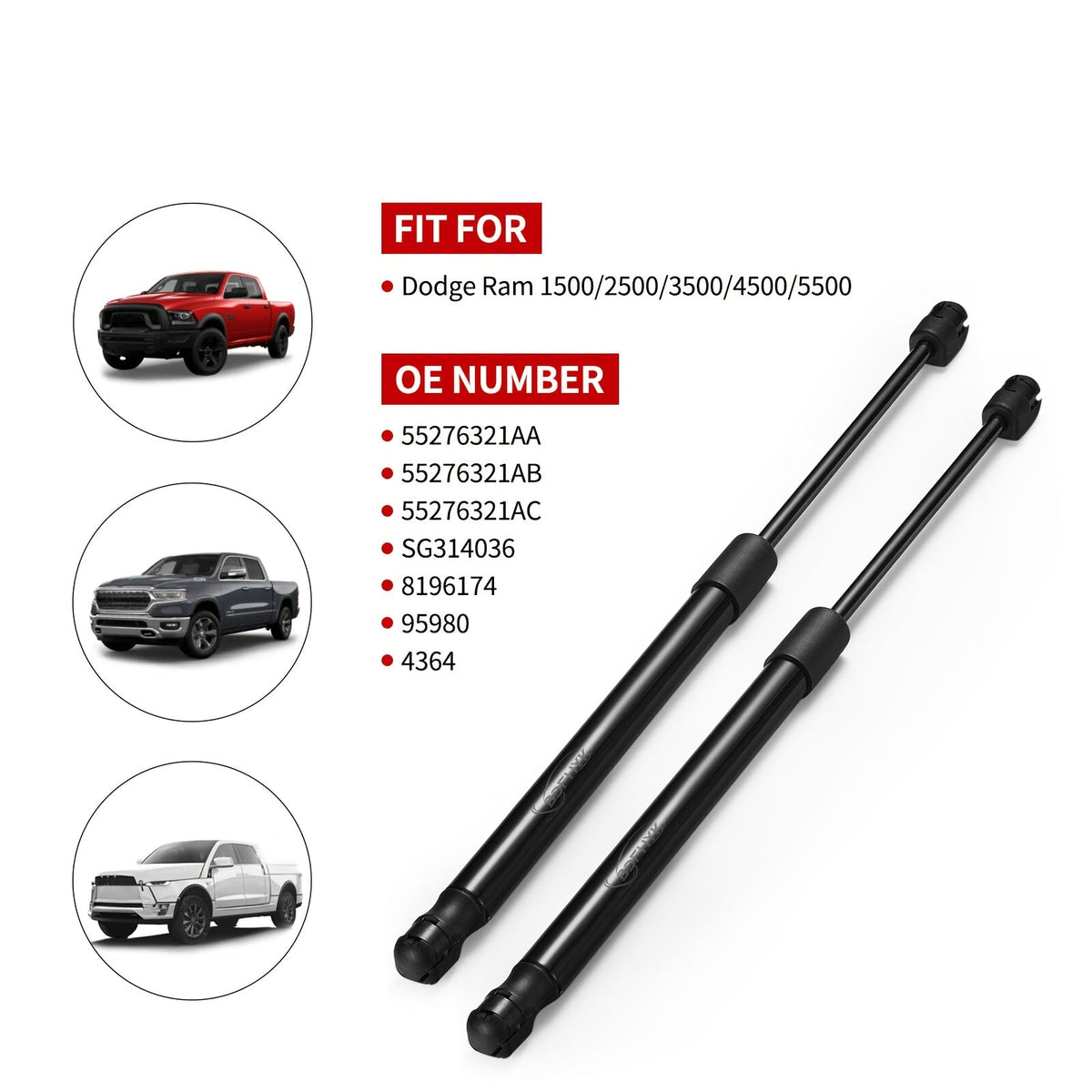 Hood Lift Support Shocks Struts 2-Pack for Dodge Ram 1500 2500 3500 2002-2010, OE Replacement Replaces 55276321AB 55372200AA 4364 SG314036