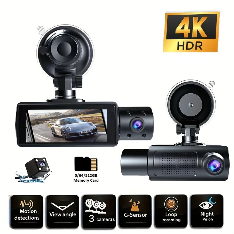 3-Channel Dash Cam with Infrared Night Vision – Front Inside Rear Camera, Smartphone Integration, Loop Recording, Optional 32GB 64GB 512GB Memory Card