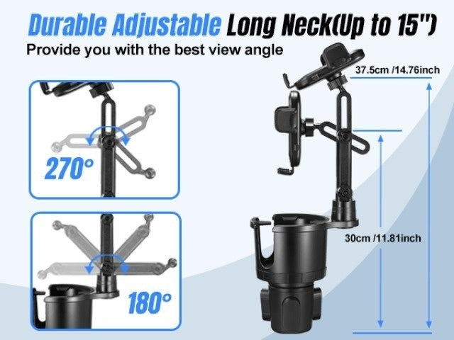 2-in-1 Cup Holder Phone Mount & Expander – Adjustable 12"-14" Neck, 360° Rotation, Weighted Stable Base for iPhone Samsung & All Smartphones, Universal Car Fit