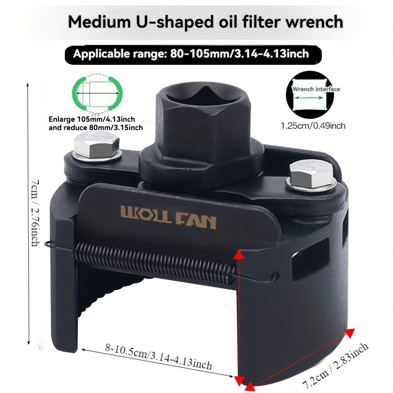 Adjustable Oil Filter Wrench Universal Two-Jaw Reversible U-Shape Hex Socket Drive Black Metal with Adjustment Knob for Engine Oil Change