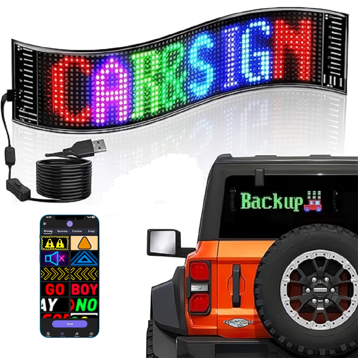 Programmable LED Car Sign 15x4in – Flexible Matrix Pixel Panel, USB Powered, App & Remote Control, DIY Animation & Text Display