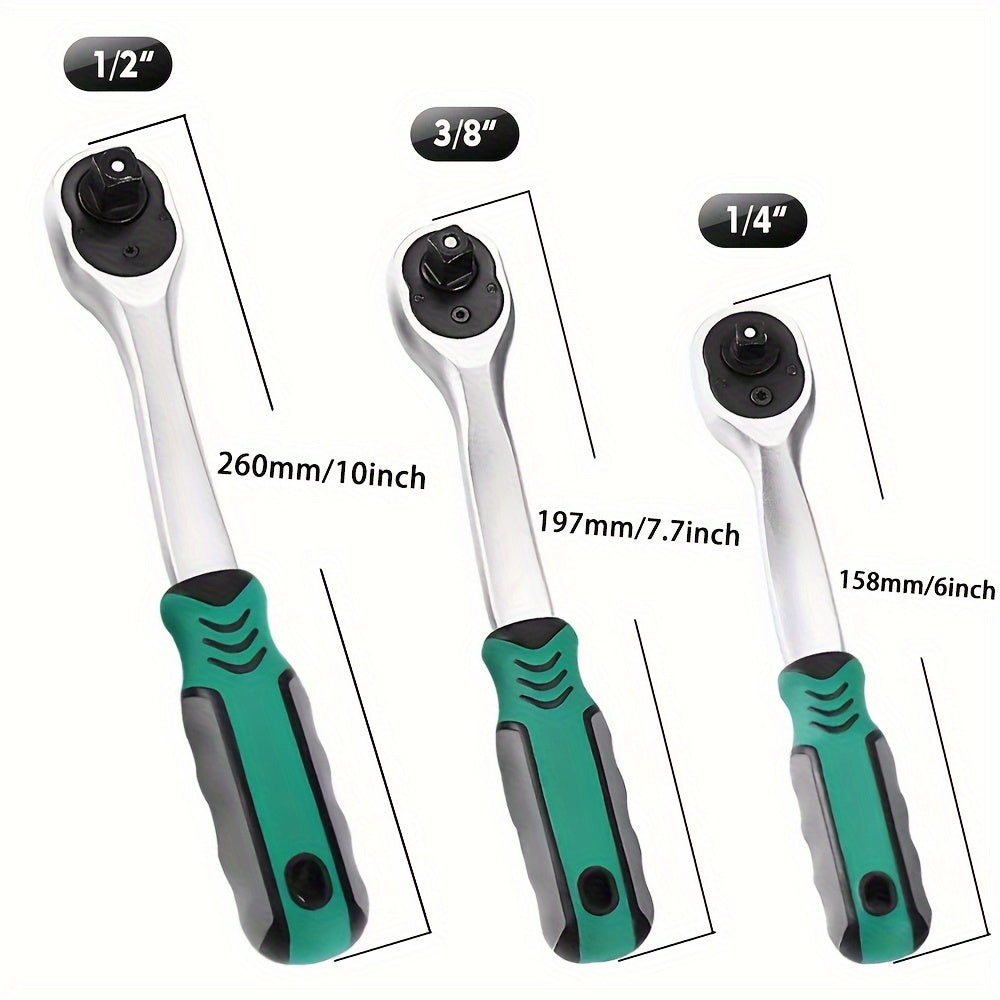 Extendable Ratchet Set 3-Piece 1/4 3/8 1/2 Inch Drive 72-Tooth Quick-Release with Soft Grip Handle – Reversible Gear Socket Wrench for Mechanics