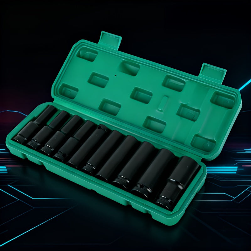1/2-Inch Drive Deep Impact Socket Set – Chrome Vanadium Steel, Pneumatic & Electric Drill Compatible, Tire Removal & Auto Repair, with Green Storage Case (15 or 20 Piece)