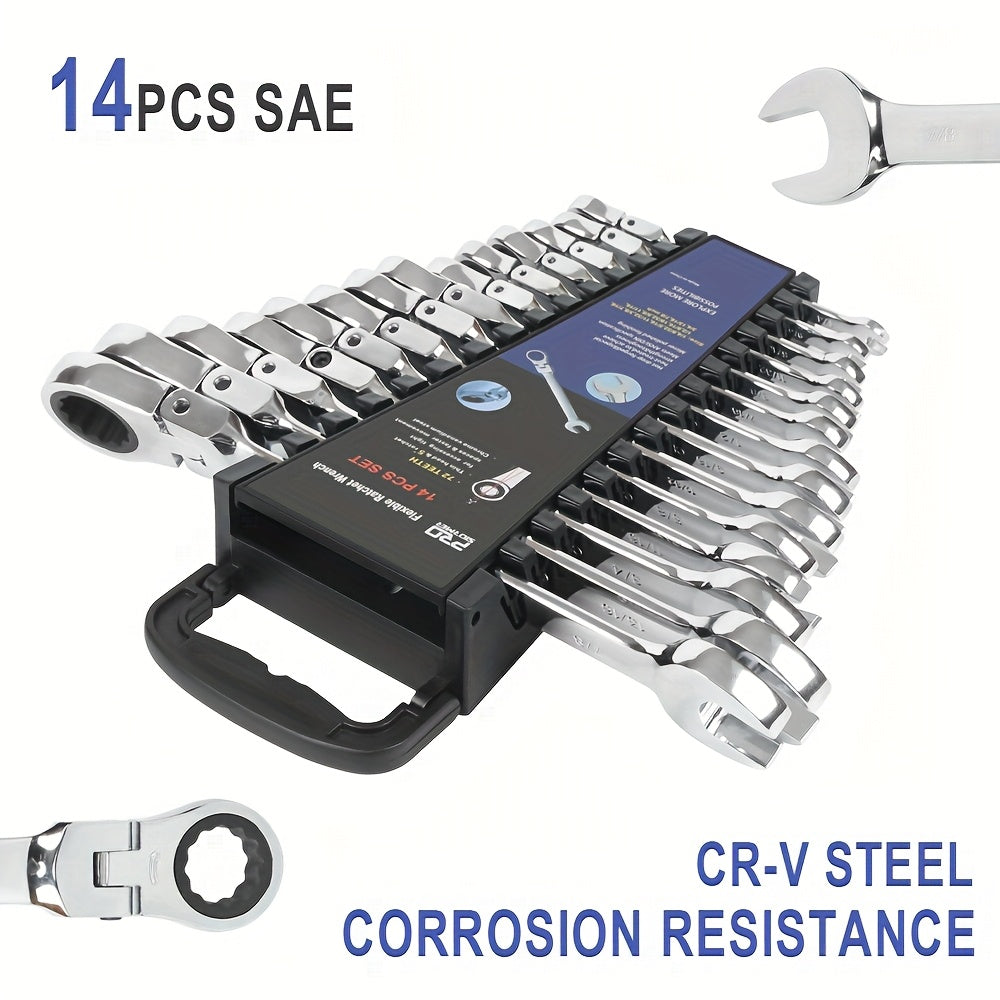 14-Piece SAE Flex Head Ratcheting Wrench Set – 1/4" to 7/8", 72-Tooth 5° Arc, Chrome Vanadium Steel, 180° Flex Head, with Organizer Rack