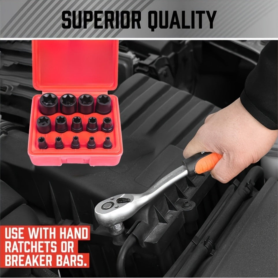 E-Torx Star Socket Set 14-Piece – 1/4", 3/8" & 1/2" Drive External Torx Sockets E4–E24 for Auto Repair & Mechanical Work