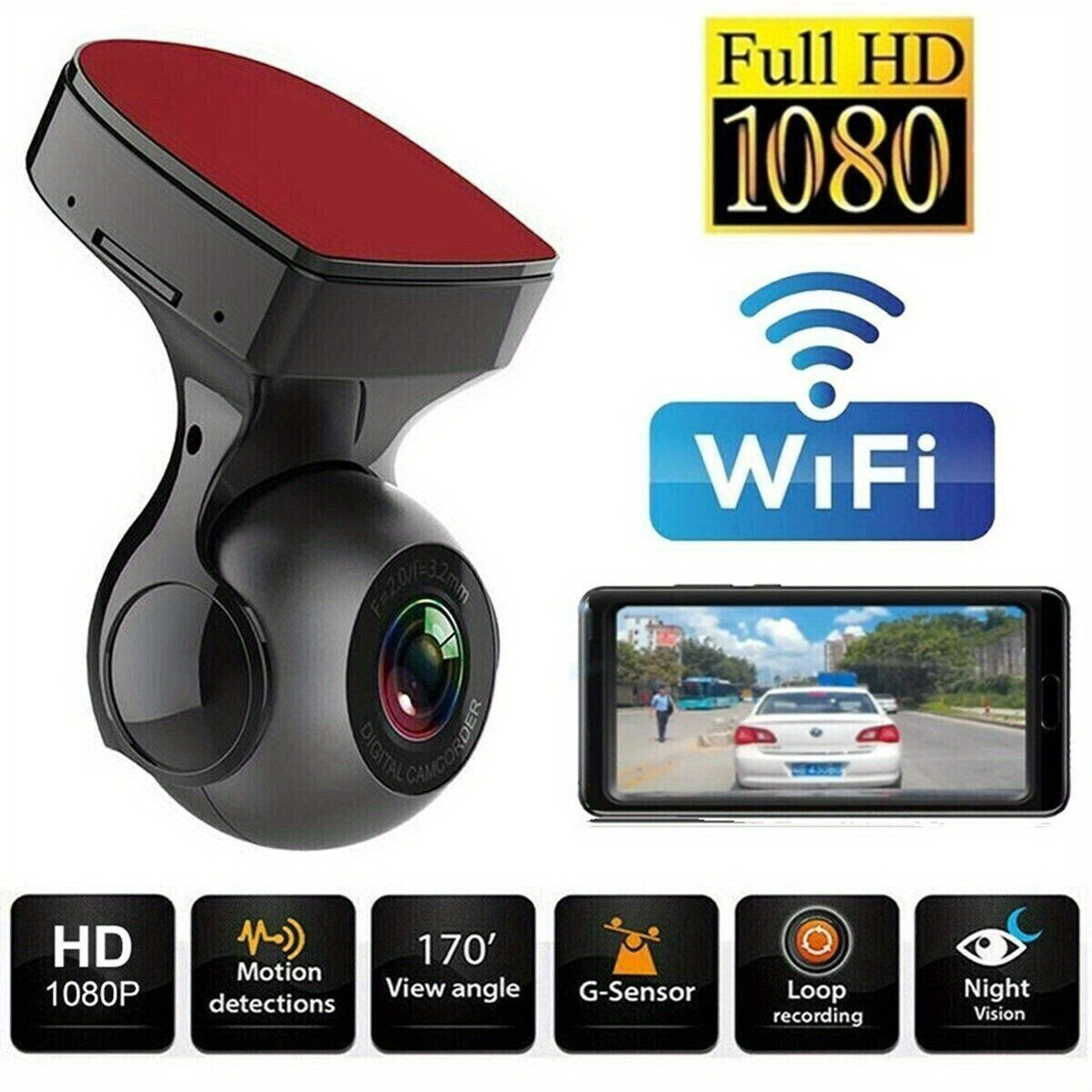 170° Wide Angle WiFi Dash Cam, 1080P HD DVR, G-Sensor, Loop Recording — Optional 32G/64G Card