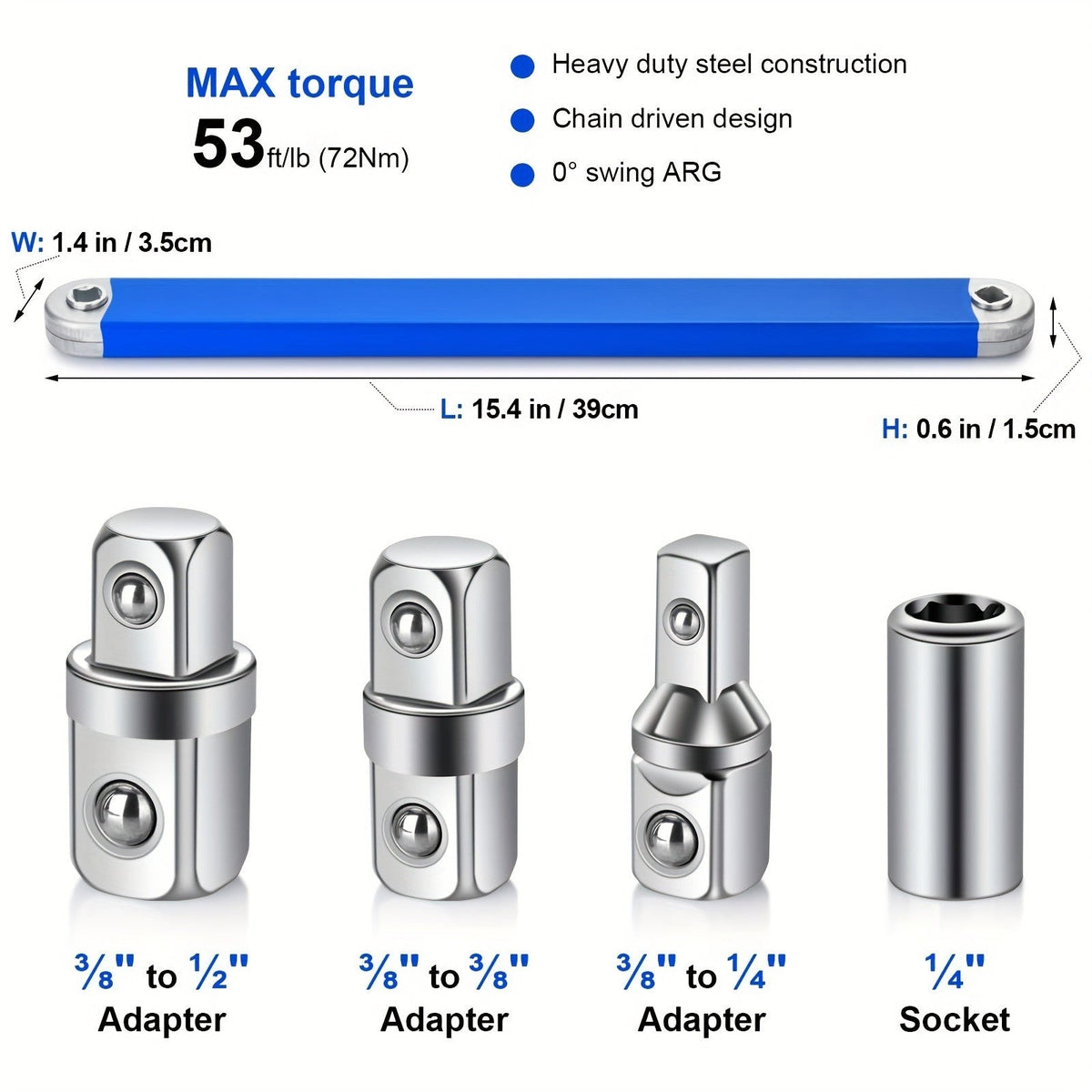 Offset Extension Wrench 15-Inch – Impact-Ready Socket Wrench with 1/4", 3/8" & 1/2" Square Drive Adapters for Tight Spaces