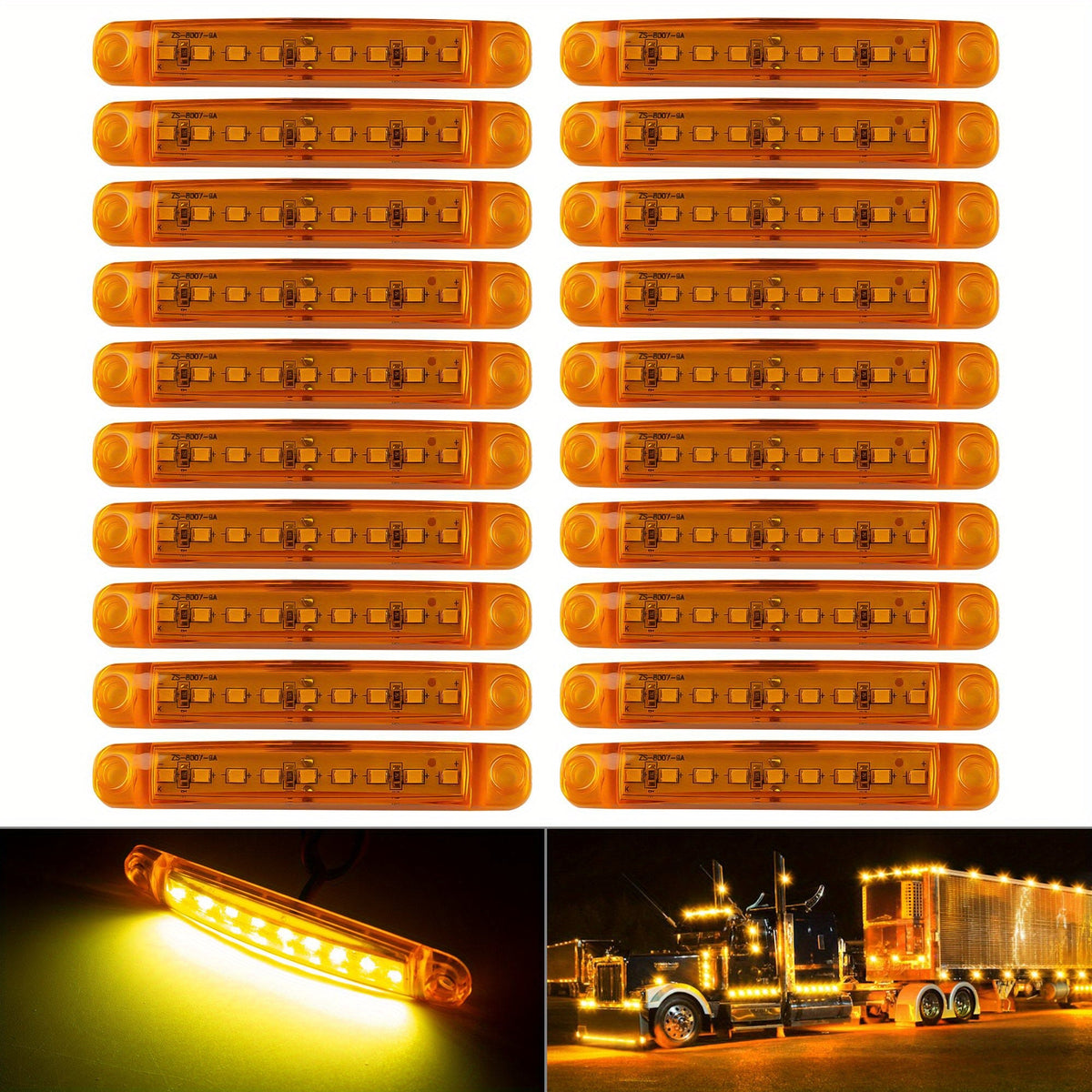 LED Side Marker Lights 12V 9-LED Indicator Lamp Bar 20pcs for Trucks Cars Trailers RVs White Red Amber Blue Green 2-Wire Easy Install