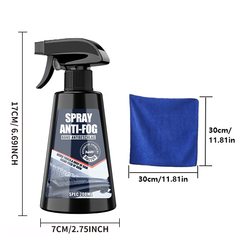 Anti-Fog Spray for Car Windshield & Helmet – Long-Lasting Defogging Agent for Glass, Mirrors & Visor, Improves Clarity | 6.76oz + Microfiber Towel