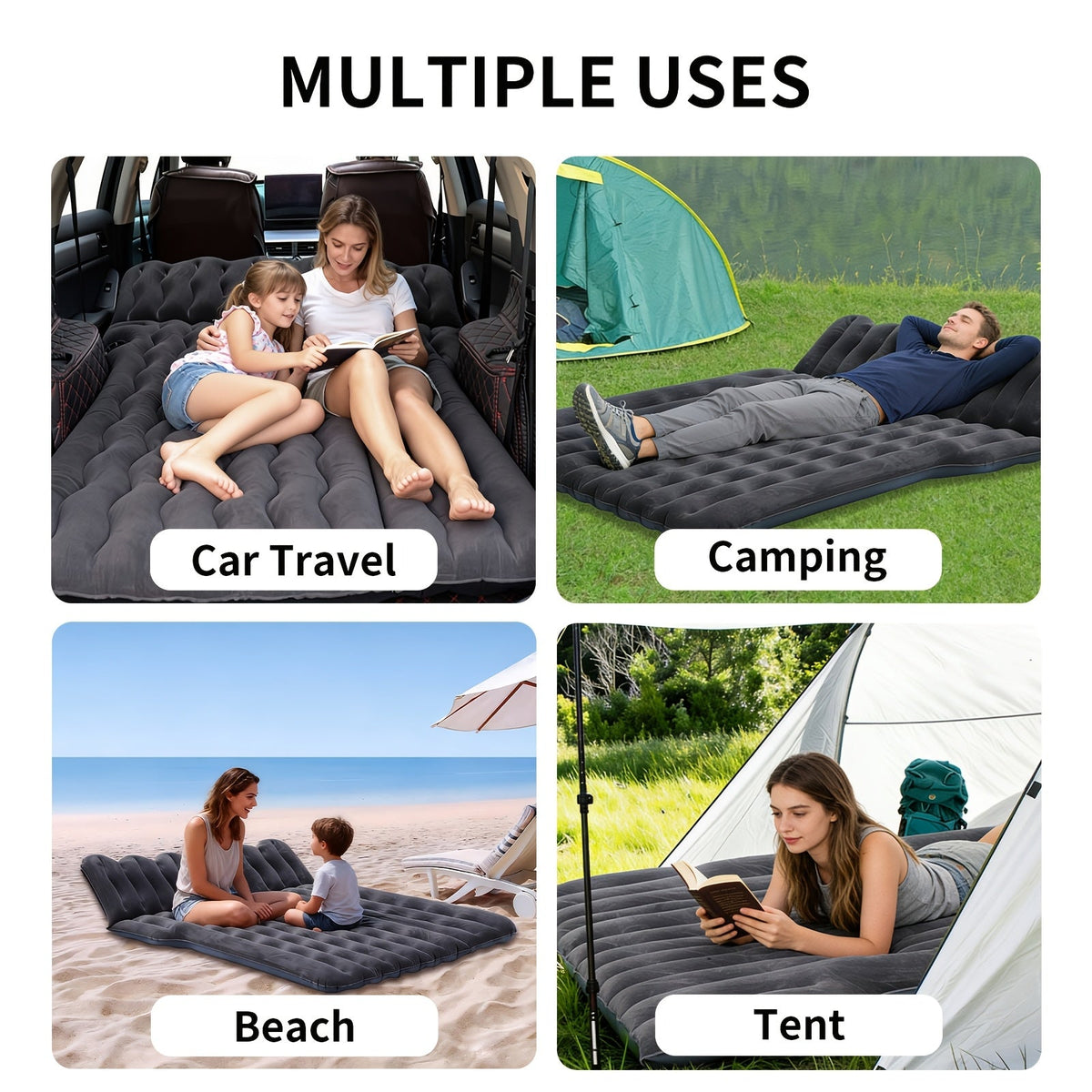 SUV Air Mattress Inflatable Car Bed 67x49x4 Inch Flocking Surface with Air Pump 2 Pillows Carrying Bag Solo or Couple Camping Road Trip Black Grey