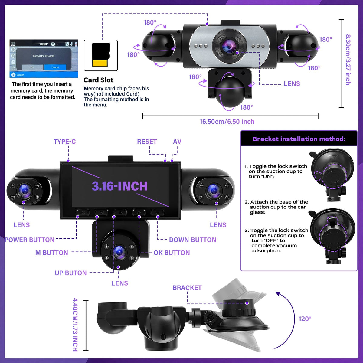 PODOFO 360° Dash Cam 5-Lens & 4-Lens 1080P, Front Rear Left Right Coverage, Loop Recording, Reverse Image, USB Powered — Optional 32G/64G Card