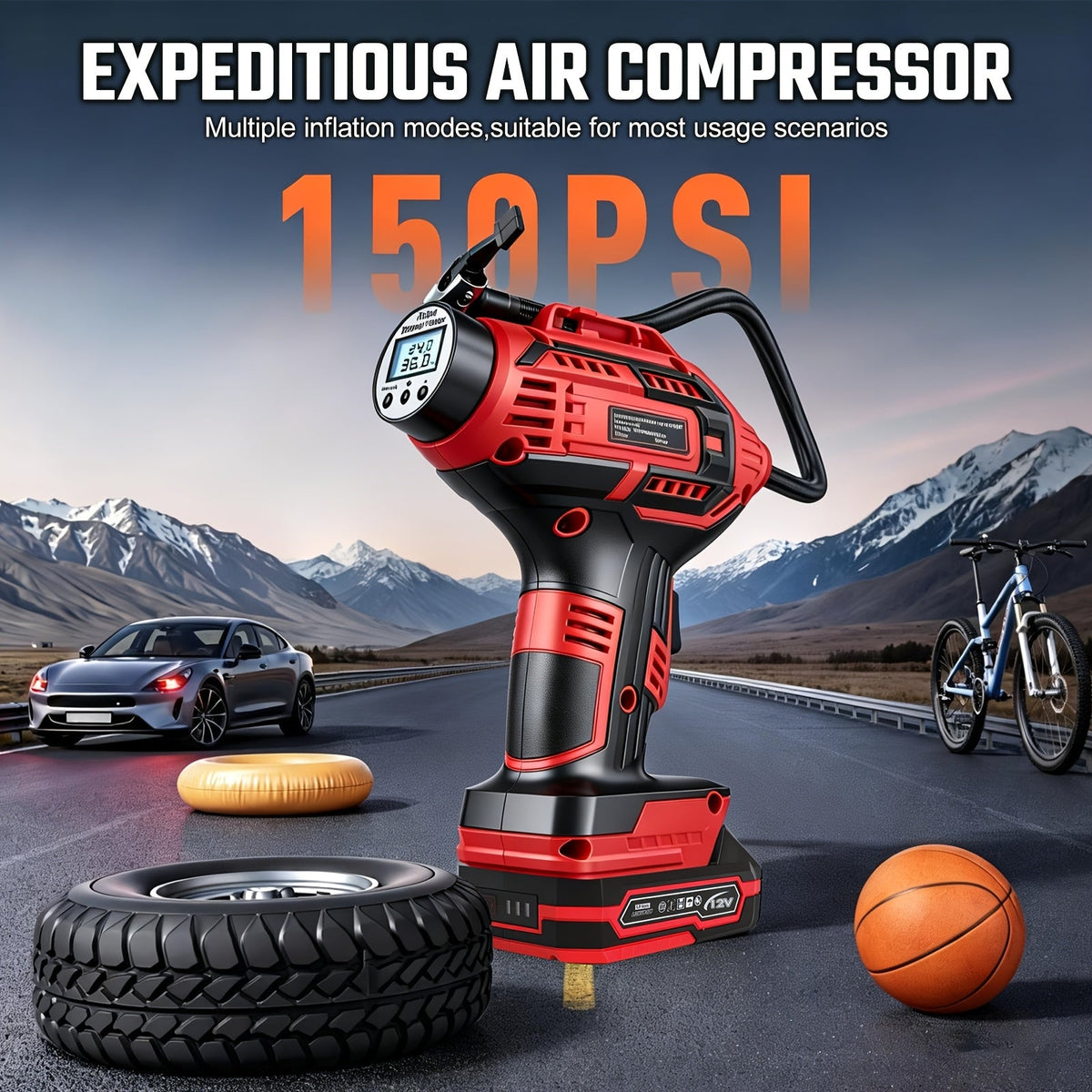 Cordless Tire Inflator 20V 980kPa – Portable Air Compressor with Digital Display, 1500mAh Battery, 12V Car Adapter & USB, for Cars Motorcycles Bicycles Balls