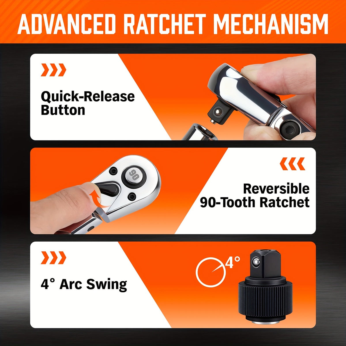 Flexible Ratchet Wrench Set 1/4" 3/8" 1/2" Drive, 72-Tooth Twist Head Ratchet with Extension Bar, 180° Adjustable Quick Release, EVA Foam Case, 3pcs/6pcs