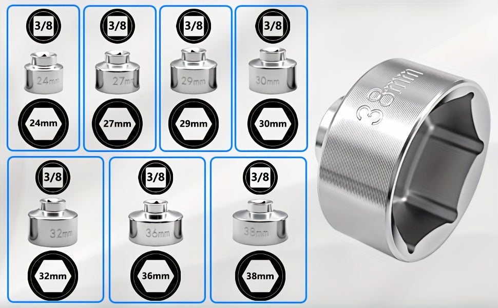 Oil Filter Socket Wrench Set 7-Piece – 24mm to 38mm CR-V Steel, 3/8" Drive Hex Cap Wrench Kit for Oil Changes, Universal Fit