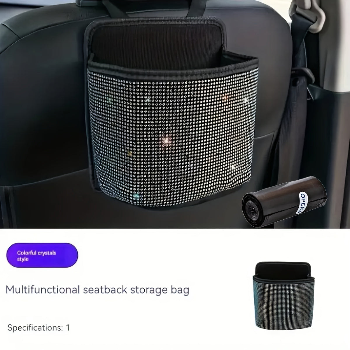 Bling Car Trash Can with Rhinestones Hanging Seat Back Organizer Sparkling Glam Car Interior Accessory with Trash Bag for Car SUV Minivan Truck Gift for Women