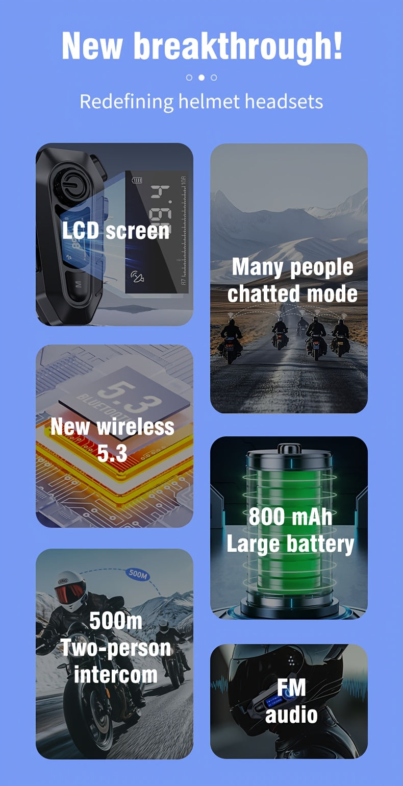 Motorcycle Helmet Bluetooth Intercom Headset – 500M Range, Group Chat, Music Sharing, FM Radio & Voice Control