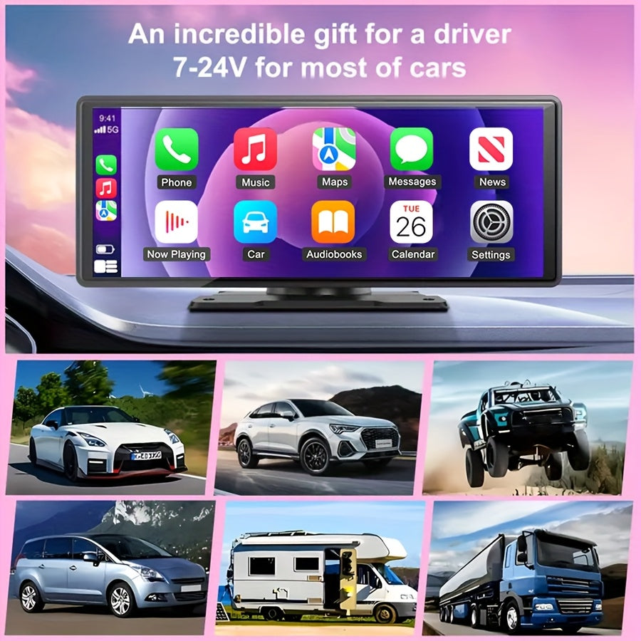 Wireless CarPlay Screen 10.26 Inch Portable Car Stereo, Touchscreen Display with Android Auto, 720P HD Backup Camera, Dash Cam & GPS Navigation, Universal Dashboard Car Radio for Trucks RVs