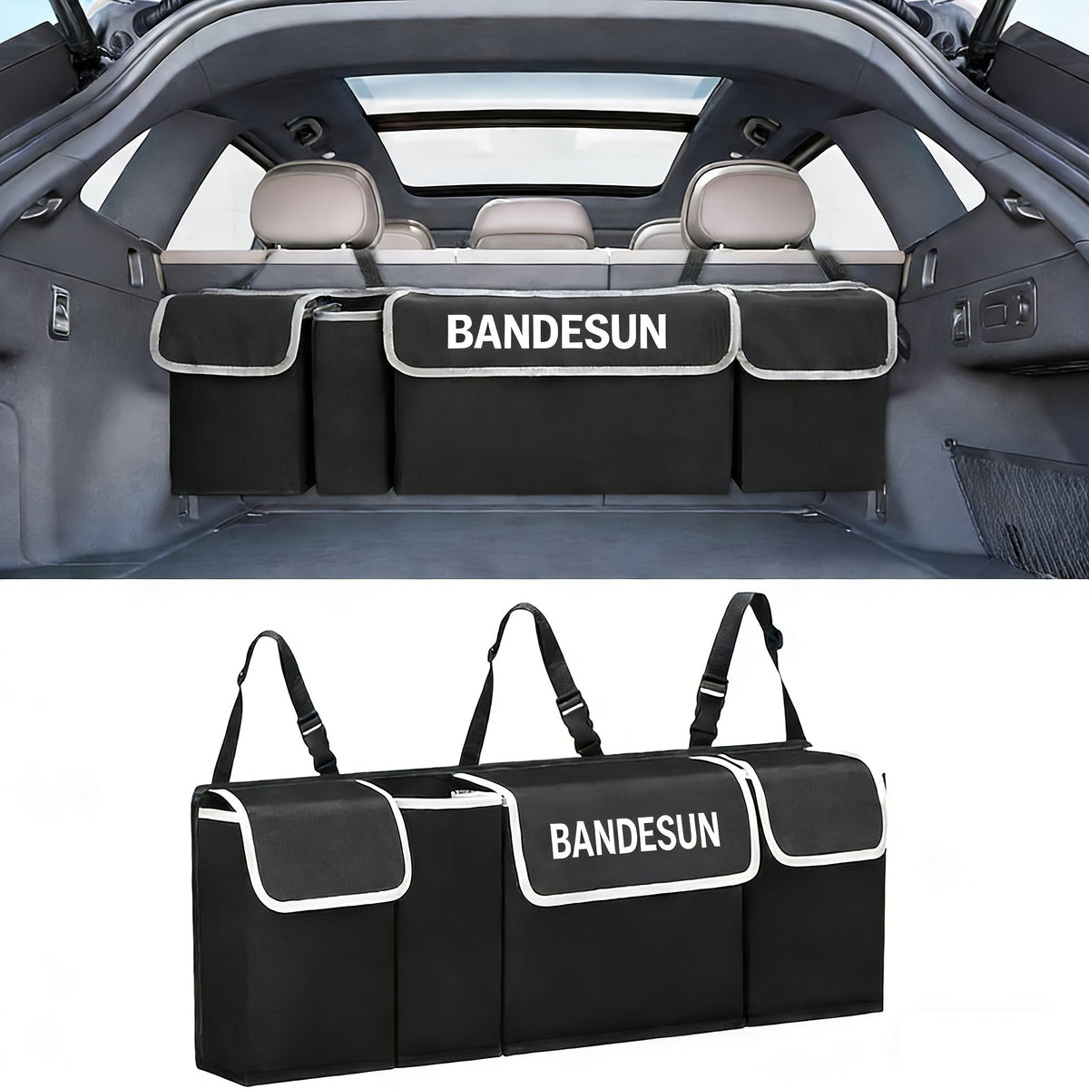Car Trunk & Rear Seat Hanging Storage Bag – Foldable 4-Pocket Cargo Organizer for SUV Truck MPV