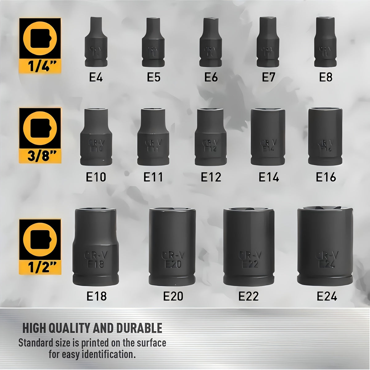 E-Torx Star Socket Set 14-Piece – 1/4", 3/8" & 1/2" Drive External Torx Sockets E4–E24 for Auto Repair & Mechanical Work