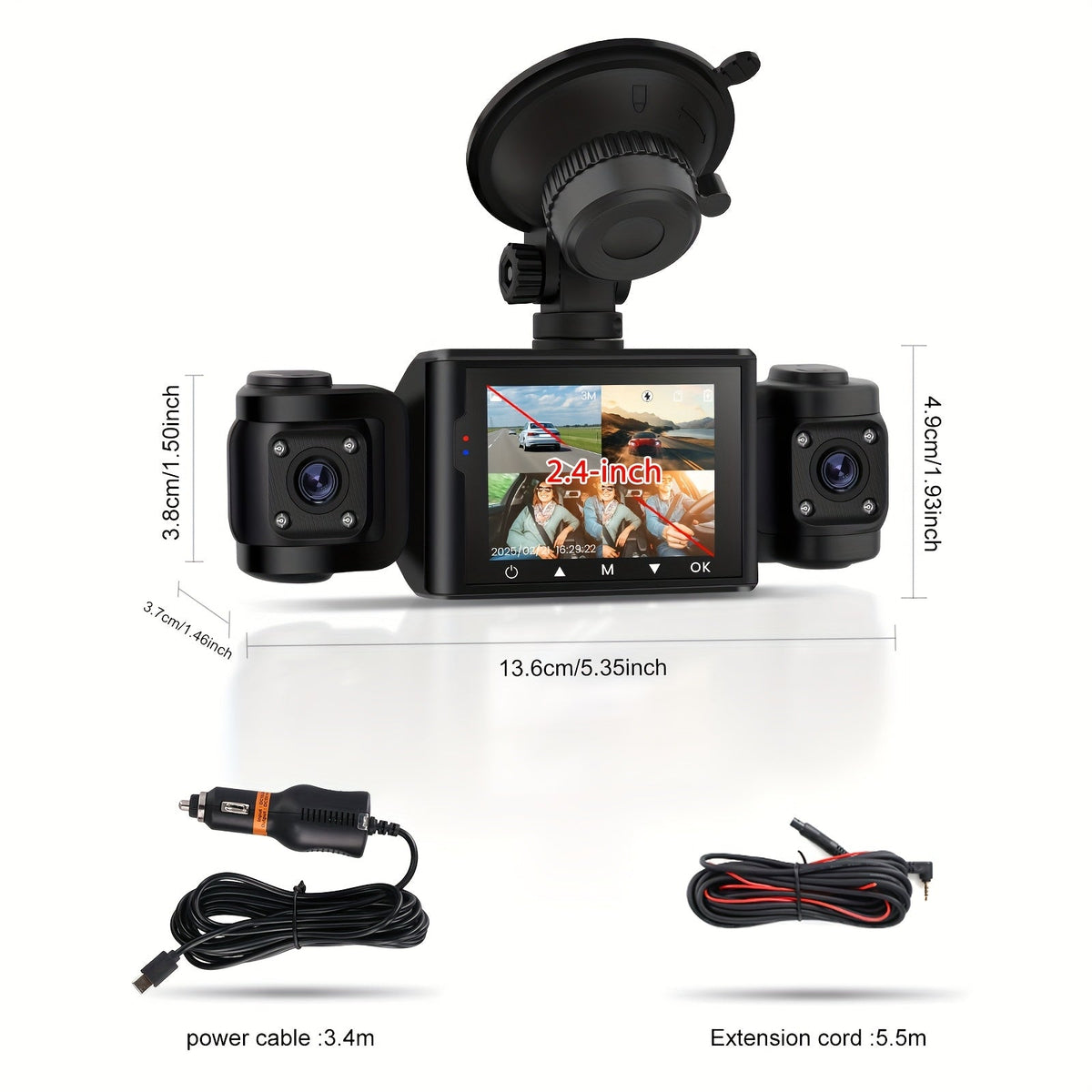 4-Channel Dash Cam 1080P Front + 480P Side Rear Camera, 2.4" Screen, Night Vision, Motion Detection, Wide Dynamic Range, Optional 64GB Card