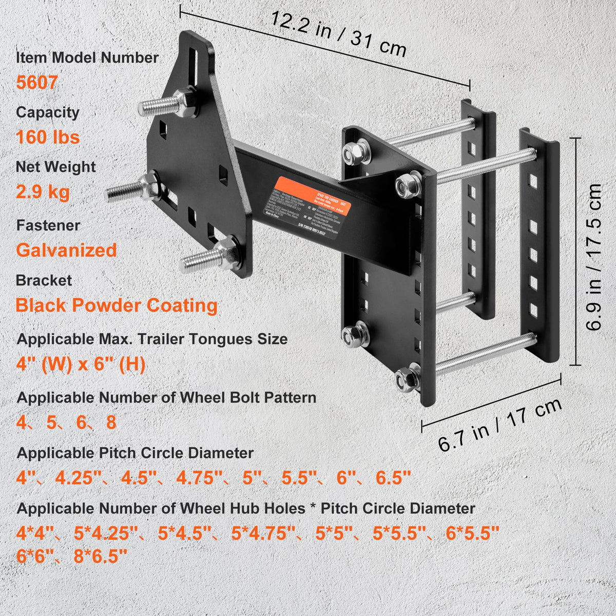 Trailer Spare Tire Carrier Mount, 160 lbs Capacity, Steel Spare Tire Holder for Utility & Marine Trailers, Fits 4/5/6/8-Lug Wheels, No-Drill Install, Galvanized Hardware Included
