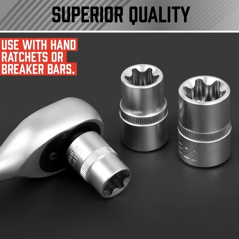 External Torx Socket Set 14pcs E4-E24, 1/4" 3/8" 1/2" Drive E-Torx Star Sockets, Cr-V Steel with Storage Box, for Cars Trucks & Auto Repair