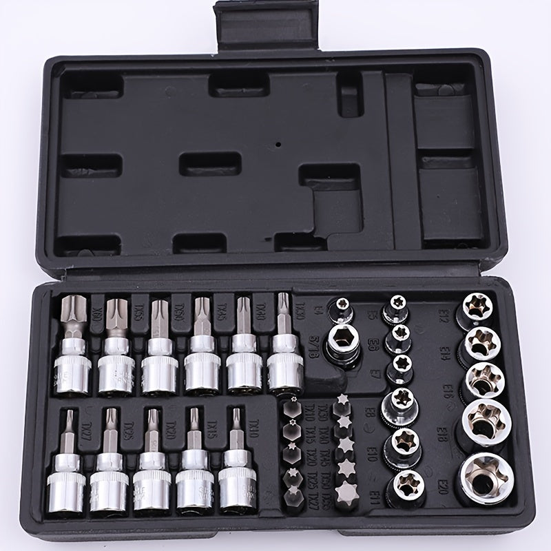 Torx Socket Set 34-Piece – Torx Bit Sockets & E-Torx Sockets for 1/4", 3/8" & 1/2" Drive, Male & Female Security Bits, Universal Fit