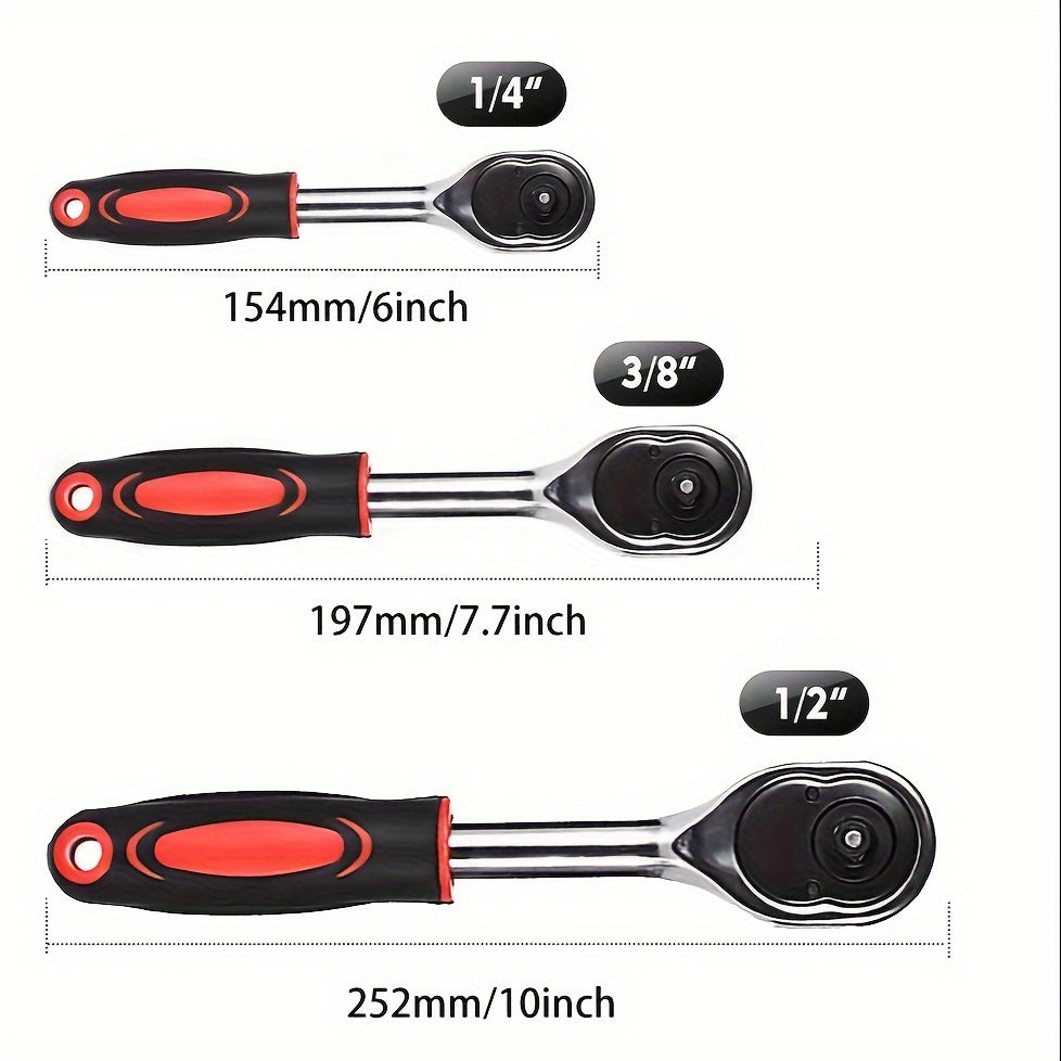 Extendable Ratchet Set 3-Piece 1/4 3/8 1/2 Inch Drive 72-Tooth Quick-Release with Soft Grip Handle – Reversible Gear Socket Wrench for Mechanics