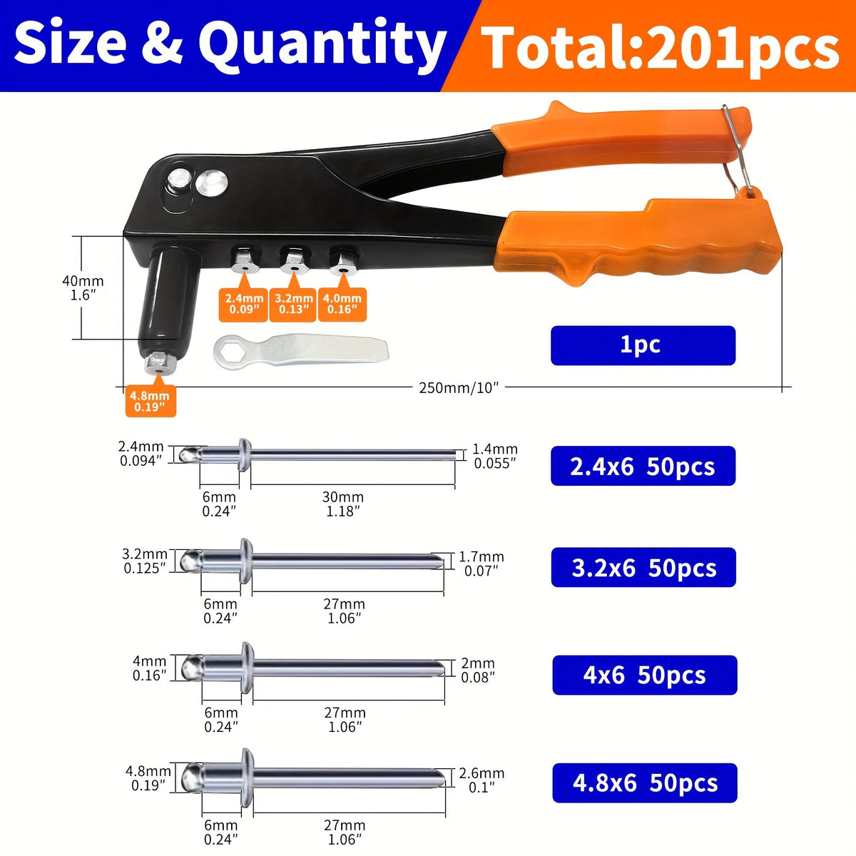 Hand Riveter Gun Kit 4-in-1, 201Pcs with 200 Pop Rivets, 4 Interchangeable Nosepieces 3/32 1/8 5/32 3/16, Heavy Duty Metal Rivet Tool for Automotive Sheet Metal Repair