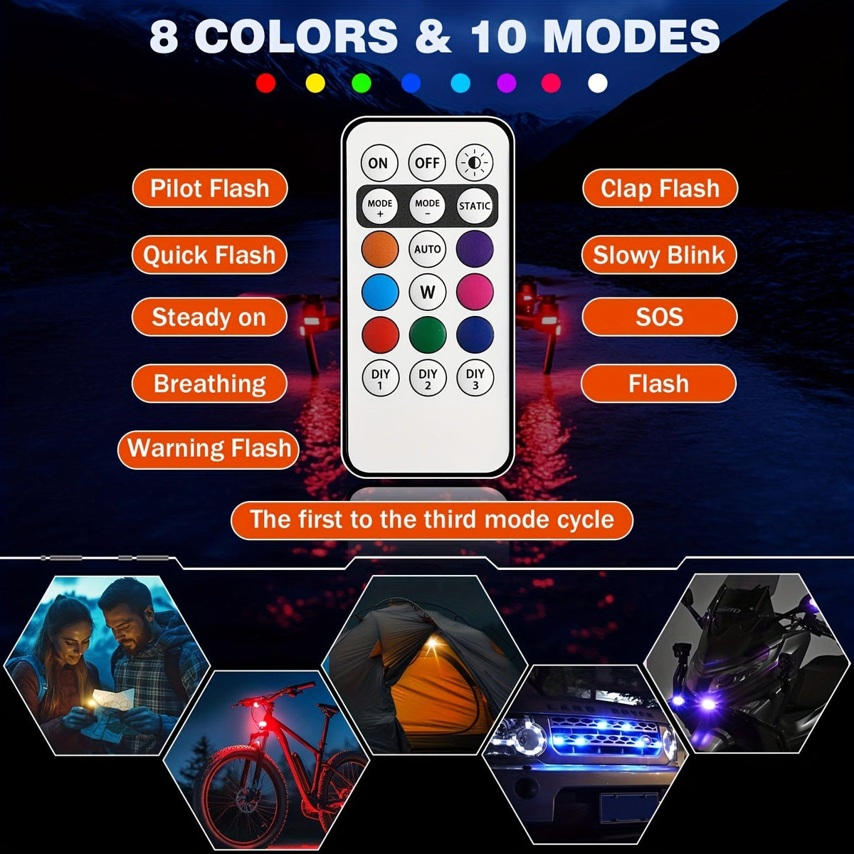 Strobe Warning Lights with Remote – 8-Color USB Rechargeable IP65 Waterproof Anti-Collision LED for Car Truck Motorcycle Bicycle Drone, 6 or 8pcs