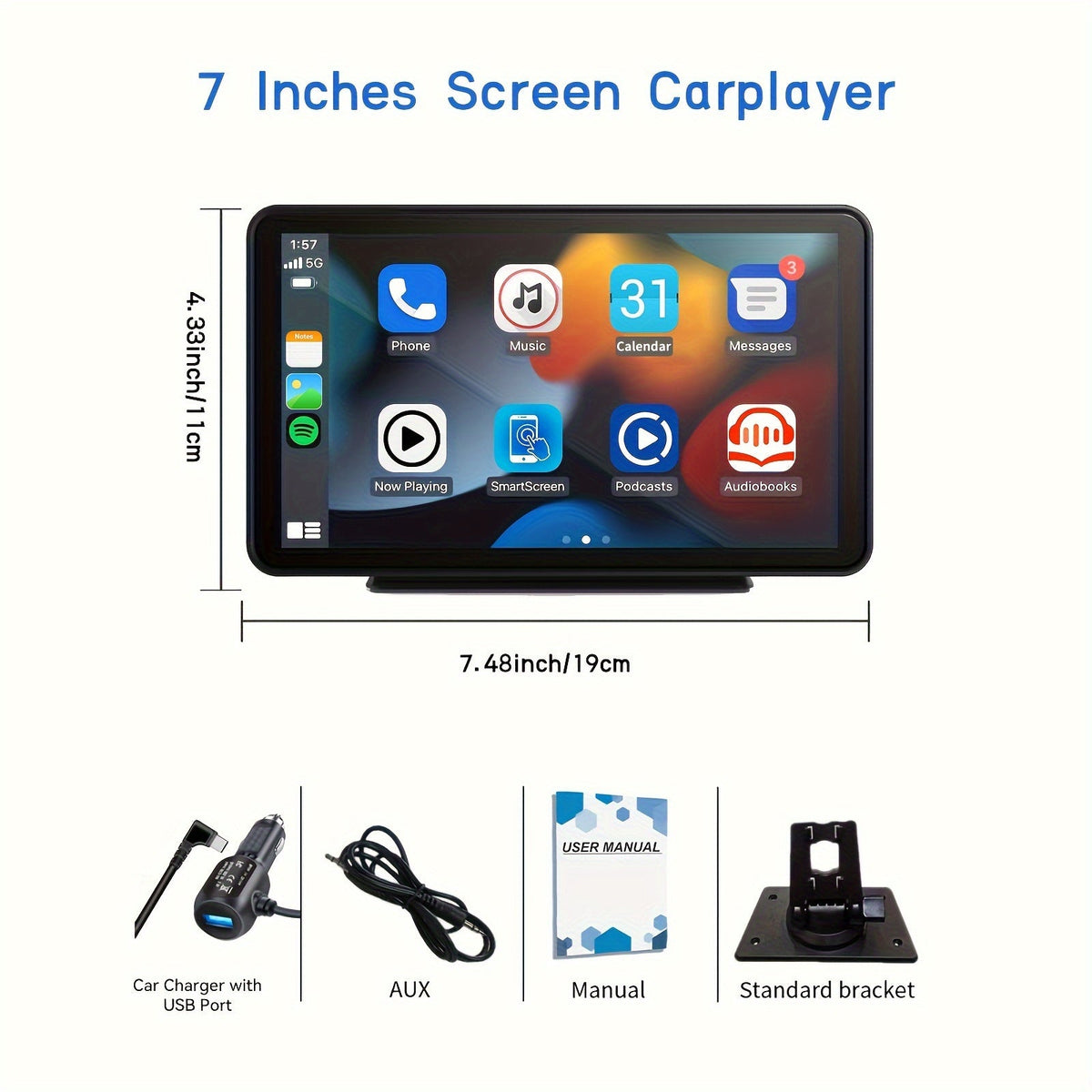 Portable Wireless CarPlay Screen 10.26" HD Touchscreen, Android Auto, Mirror Link, Backup Camera, GPS Navigation, AUX — Universal Fit