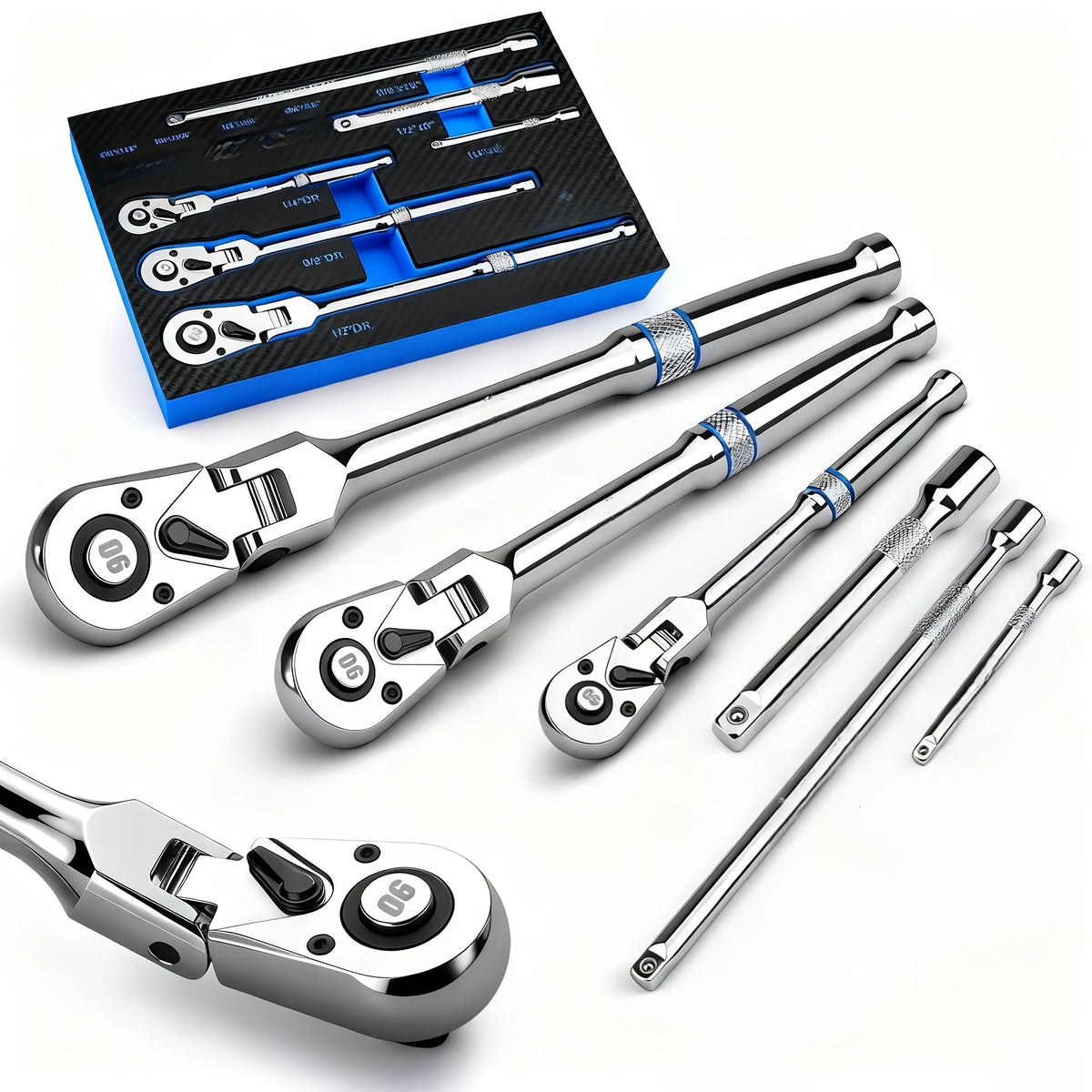 Flexible Ratchet Wrench Set 1/4" 3/8" 1/2" Drive, 72-Tooth Twist Head Ratchet with Extension Bar, 180° Adjustable Quick Release, EVA Foam Case, 3pcs/6pcs