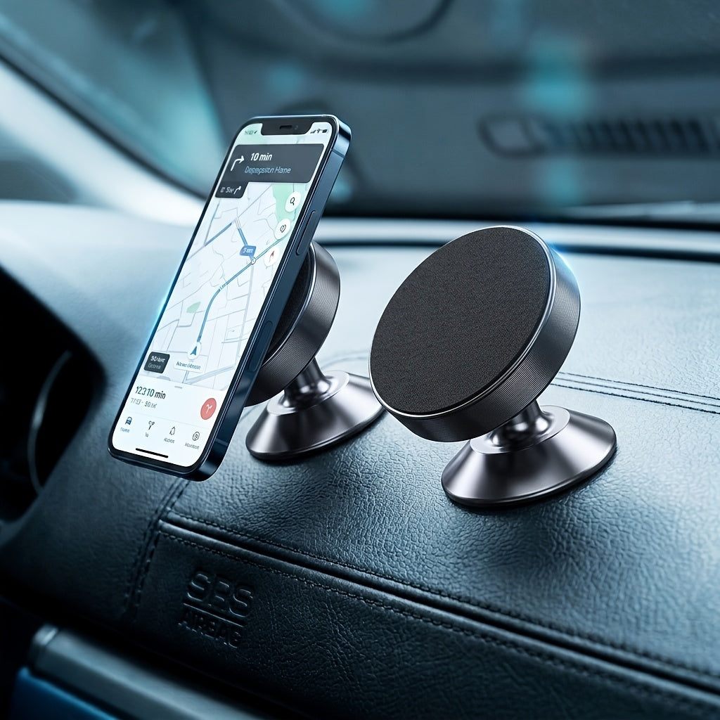Mini Low-Profile Magnetic Car Phone Mount 2-Pack – 360° Aluminum Dashboard Holder, One-Hand Use | iPhone & Android