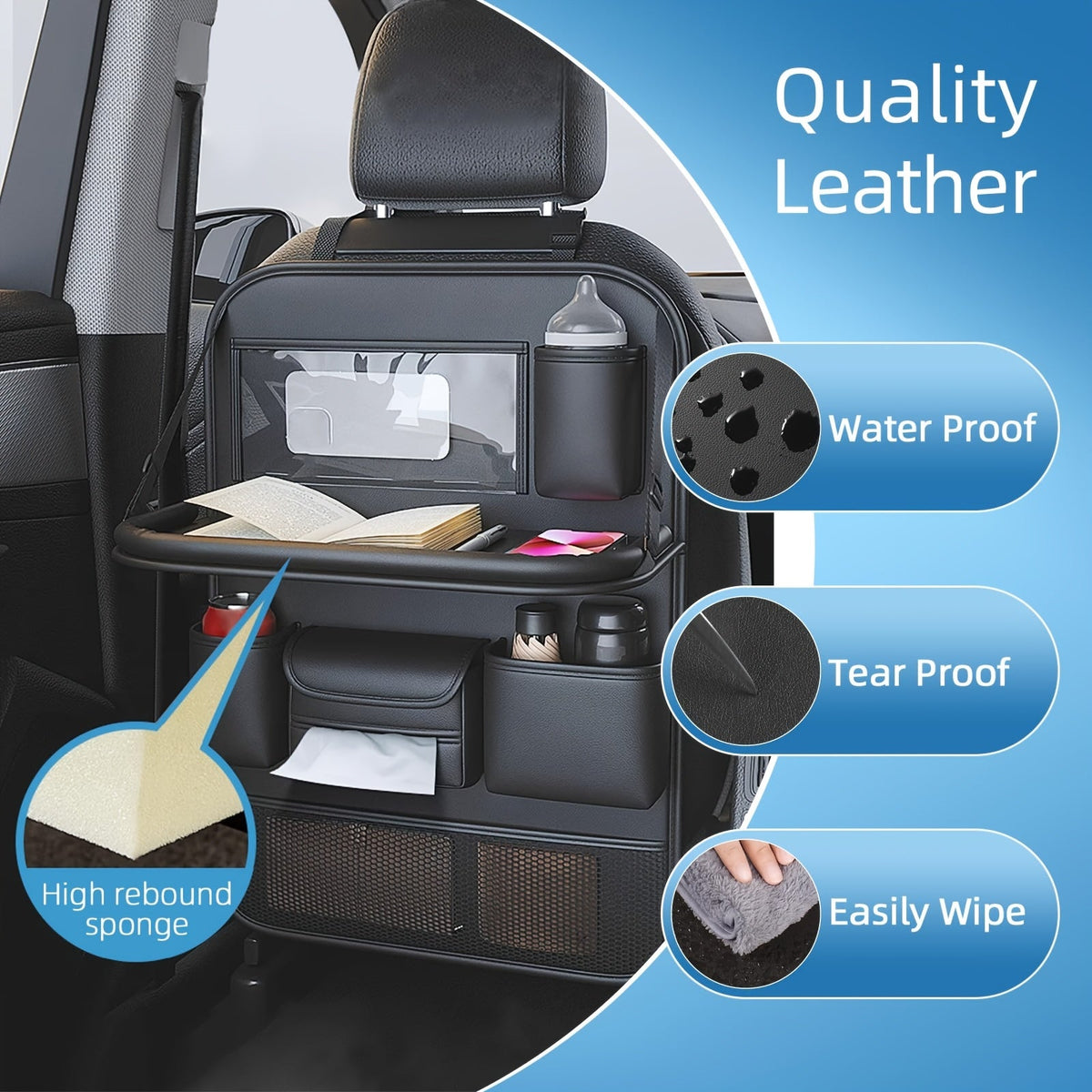 Car Seat Back Organizer with Folding Dining Table & Cup Holder – Premium PU Leather, Spacious Storage, Travel Accessories | 1pc & 2-Pack, Multi-Color
