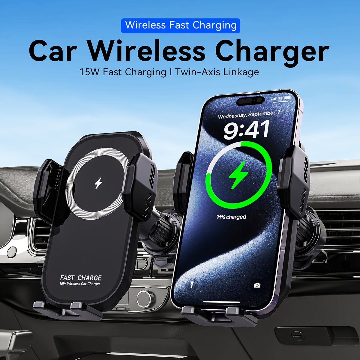 Wireless Car Charger Mount 15W Auto-Clamping – Fast Charging Air Vent Phone Holder for iPhone 16 15 14 13 12 Pro Max & Samsung Galaxy