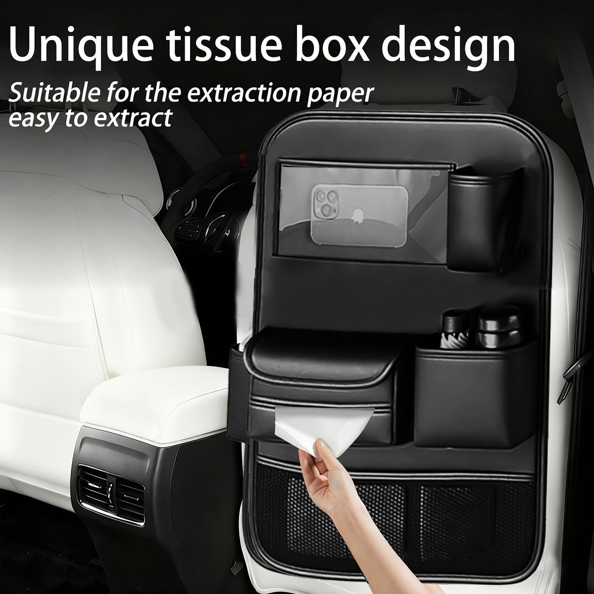 Car Backseat Organizer with Foldable Tray Table – PU Leather Kick Mat, Tablet Holder & Multi-Pocket Rear Seat Storage | Universal Fit SUV Truck