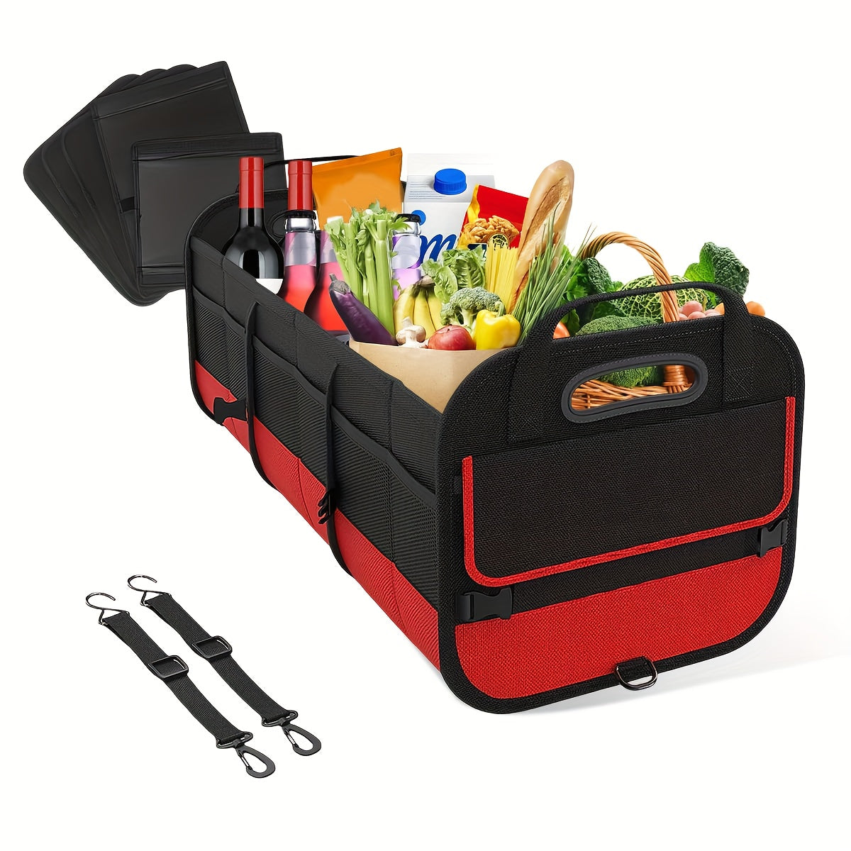 Foldable Car Trunk Organizer 95L 25gal 4 Compartments 2 Retractable Straps Collapsible Multi-Pocket Storage for SUV Truck Minivan Travel Camping Shopping Black