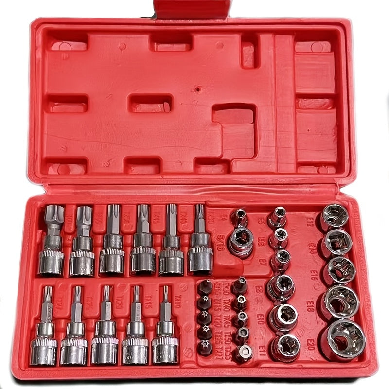 Torx Socket Set 34-Piece – Torx Bit Sockets & E-Torx Sockets for 1/4", 3/8" & 1/2" Drive, Male & Female Security Bits, Universal Fit